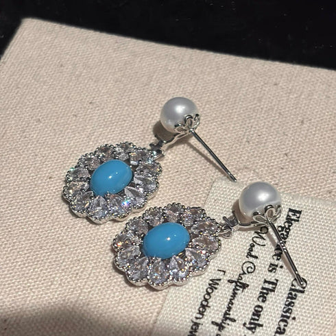 Elegant Oval Zirconia Blue Turquoise Pearl Earrings